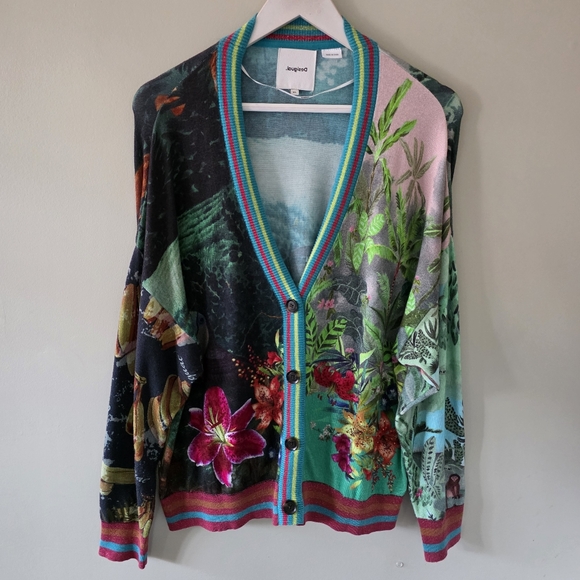 Desigual XL Eclectic Boho Art to Wear Tropical Floral Colorful Metallic Cardigan - Picture 2 of 16